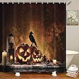 Britimes Cortina De Chuveiro De Halloween- Abóbora De Madeira- árvore De Neblina- Tecido De Poliéster Impermeável- Decoração De Banheiro- 182 X 182 Cm- Conjunto Com Ganchos