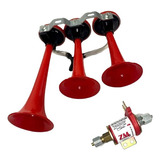 Buzina A Ar 03 Cornetas Vermelha Com Válvula Solenoide 12v Caminhão Carro