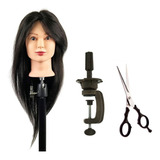 Cabeça De Boneca Natural Castanho Escuro Suporte E Tesoura