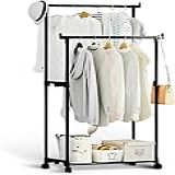 Cabideiro Duplo Arara E Sapateira Com Rodinhas Móvel Em Aço Inox Cabideiro Com Prateleira De Chão Elegante Armário Organizador Multiuso Roupas E Sapatos Quarto Preto