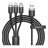 Cabo Usb Turbo 3 Em 1 Hrebos Tipo C V8 Para iPhone 1 5 M Cor Preto