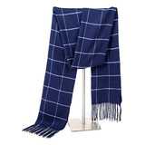 Cachecol Xadrez Pashmina Lã Scarf Azul Marinho Lenço Unissex