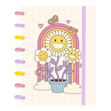 Caderno Disco Iscool Inteligente A5 Retro Colorido Flores Cor Bege