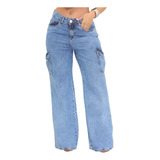 Calça Cargo Bolso Lateral Pantalona Cintura Alta Jeans 100