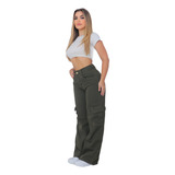 Calça Cargo Jeans Verde Militar Wide Leg Moda Blogueira top