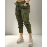 Calça Cargo Jogger Bolsos Pantacourt Laço Feminino Bengaline