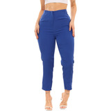 Calça Feminina Alfaiataria Luxo Azul Cintura Alta 7 Cores