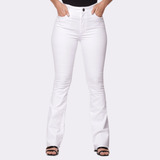 Calça Feminina Flare Branca Cintura Alta Jeans Brim Premium