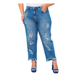 Calça Feminina Jeans Plus Size Mom Cós Alto Tamanho Grande