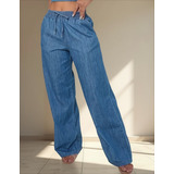 Calça Feminina Pantalona Wide Leg Jeans Alta Elastico No Cos