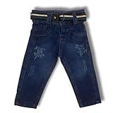 Calça Infantil Bebê Menino Jeans Sarja Brim Com Cinto Jeans Escuro G 6 9 Meses 