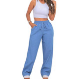Calça Jeans Feminina Pantalona C Elástico E Bolso Wide Leg