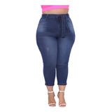 Calça Jeans Feminina Plus Size Capri Cinto Faixa Removível