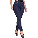 Calça Jeans Feminina Skinny Cintura Alta Com Lycra Levanta Bumbum Destroyed 44 Azul 