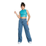 Calça Jeans Wide Leg Cargo Juvenil Menina Feminina Blogueira