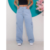 Calça Meninas Baggy Juvenil Bolso Cargo Cintura Alta