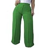 Calça Pantalona Alfaiataria Feminina Social Tecido Wide Leg Cor Verde Tamanho GG