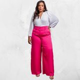 Calça Pantalona Plus Size Alfaiataria Cintura Alta Executiva