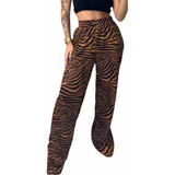 Calça Pantalona Safari Zebra Marrom E Preta Tecido Importado