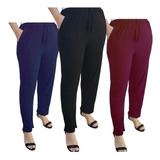 Calça Plus Size Feminina Confortável Em Malha Kit 3 Peças