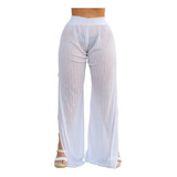 Calça Saída De Praia Pantalona Fenda Lateral Em Tule Barato