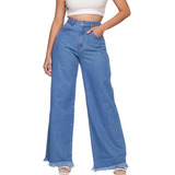 Calça Wide Leg Jeans Feminina Cintura Alta Levanta Bumbum