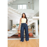 Calça Wide Leg Pantalona Jeans Fem Cintura Alta C Elastico