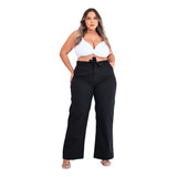 Calça Wide Leg Preta Moda Grande Perna Larga Com Elastano