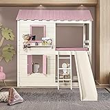 Cama Alta Infantil Club House Premium Com Escorregador E Telhado Completo Branco Rosa Casatema