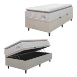 Cama Box Baú Colchão Solteiro Molas Ensacadas City Pillow Top 88x188x64cm Branco E Bege Hellen