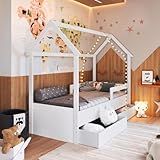 Cama Infantil Montessoriana Casinha Menino Menina Solteiro 196cm Com Proteção Lateral E Gavetas Com Rodas Branca