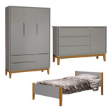 Cama Solteiro Guarda Roupa 3 Portas Cômoda Sapateira Cinza