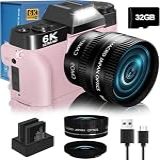 Câmera Digital 6K 64MP Para Fotografia NIKICAM Vlogging Para YouTube Com Tela Flip De 180-- WiFi- Zoom Digital 16X- Lente De 52 Mm- 2 Baterias- Cartão Micro SD De 32 GB -rosa-
