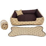 Caminha Pet Kit Pra Cachorro Cama G 70x70cm Edredom E Tapet Cor Marrom Coroinhas