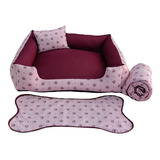 Caminha Pet Kit Pra Cachorro Cama G 70x70cm Edredom E Tapet Cor Vinho Com Coroinhas