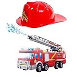 Caminhão De Bombeiros Infantil Com Luzes Lança Agua E Sensor Bate E Volta Com Capacete Vermelho Infantil