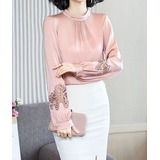 Camisa Blusa Feminina Social Franzida Manga Bordada Renda