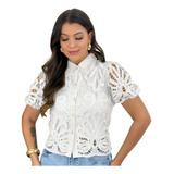 Camisa Cropped Renda Guipir Feminina Manu Ellas