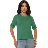 Camisa Feminina Casual Com Manga 3 4 Renda De Constraste
