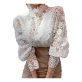 Camisa Feminina De Escritório Com Botões Vazados E Renda