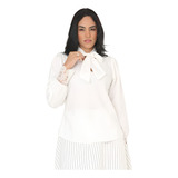 Camisa Feminina Laço Na Gola Manga Longa Detalhe Guipir