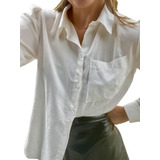 Camisa Feminina Linho Manga Longa Bolso Lisa Básica Moda