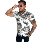 Camisa Floral Masculina Manga Curta Barata Praia Social Slim