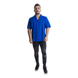 Camisa Jaleco Brim Manga Curta Botão Gola Italiana Uniforme
