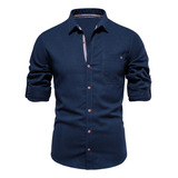 Camisa Jeans Masculina De Manga Comprida Casual Cor Sólida
