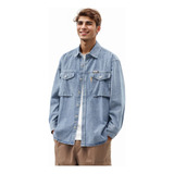 Camisa Jeans Masculina De Manga Comprida Com Bolso Duplo