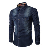 Camisa Jeans Masculina De Manga Comprida Lavada