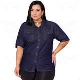 Camisa Jeans Plus Size Feminina Manga Curta 2 Bolsos Social