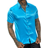 Camisa Masculina Acetinada Elastano Slim Fit M c Curta