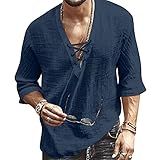 Camisa Masculina De Manga Curta Para Praia Com Decote Em V E Estampa De Cordão Para Ioga E Verão Africano Azul Escuro Liso 3X Large